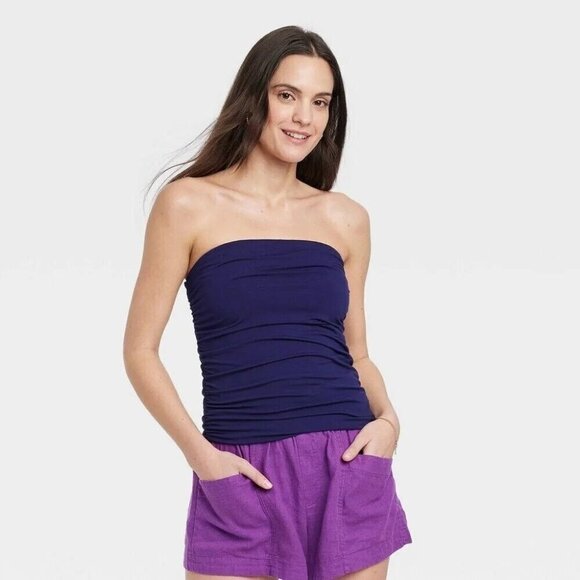 A New Day Womens Size Large Slim Fit Ruched Strapless Tube Top in Navy Blue 2478 - Picture 1 of 8
